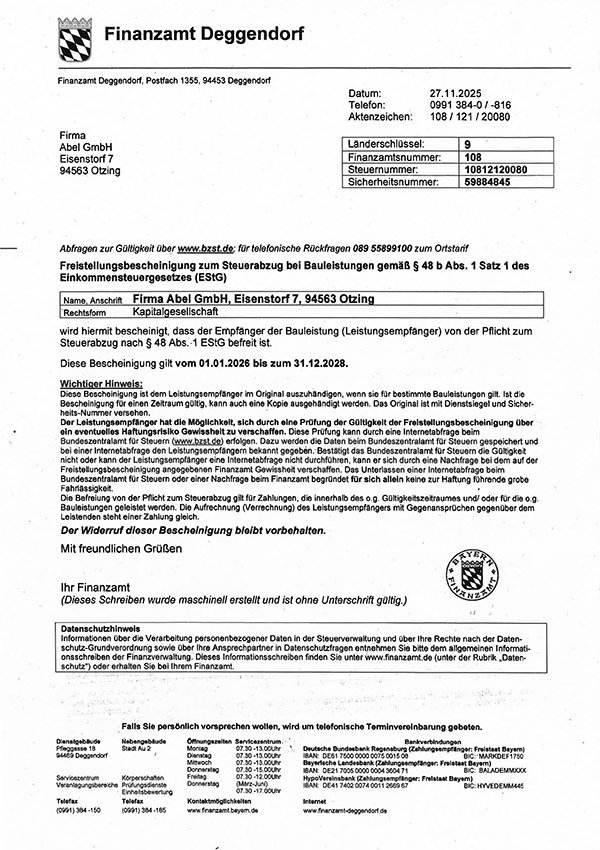 Freistellungsbescheinigung zum Steuerabzug