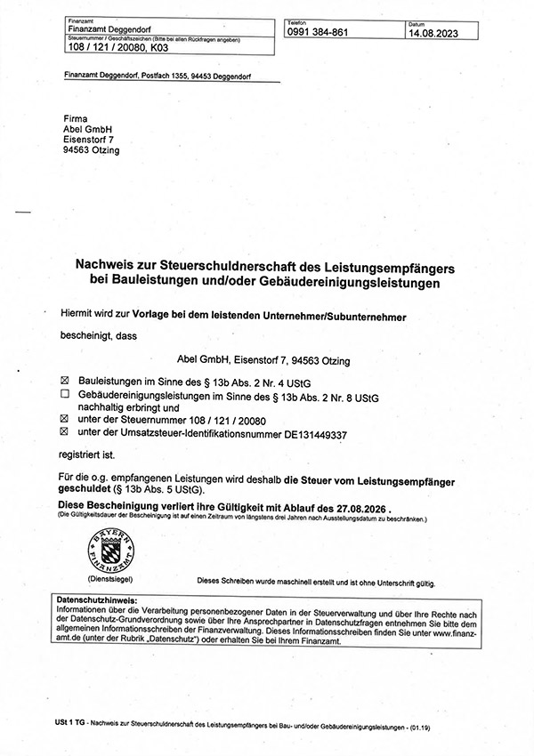 Nachweis zur Steuerschuldnerschaft des Leistungsempfängers