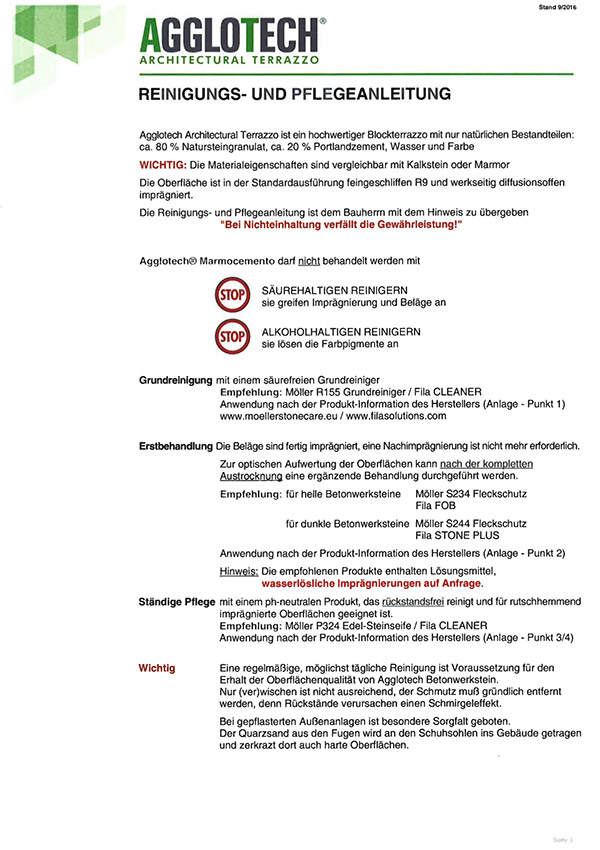 Reinigungsanleitung Betonwerkstein Agglotech